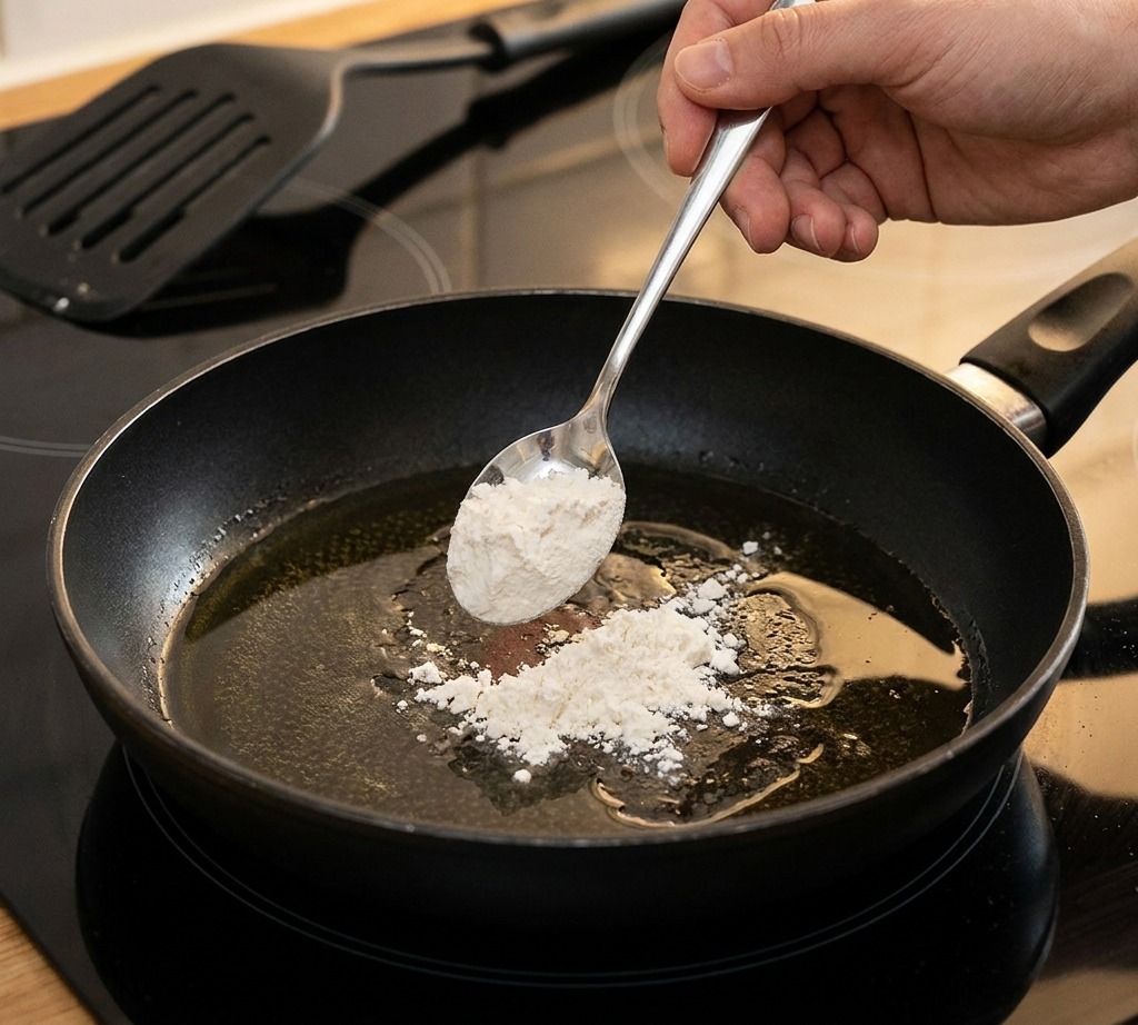 Une cuillère en métal ajoutant de la farine blanche dans une petite poêle dhuile sur une plaque à induction noire.