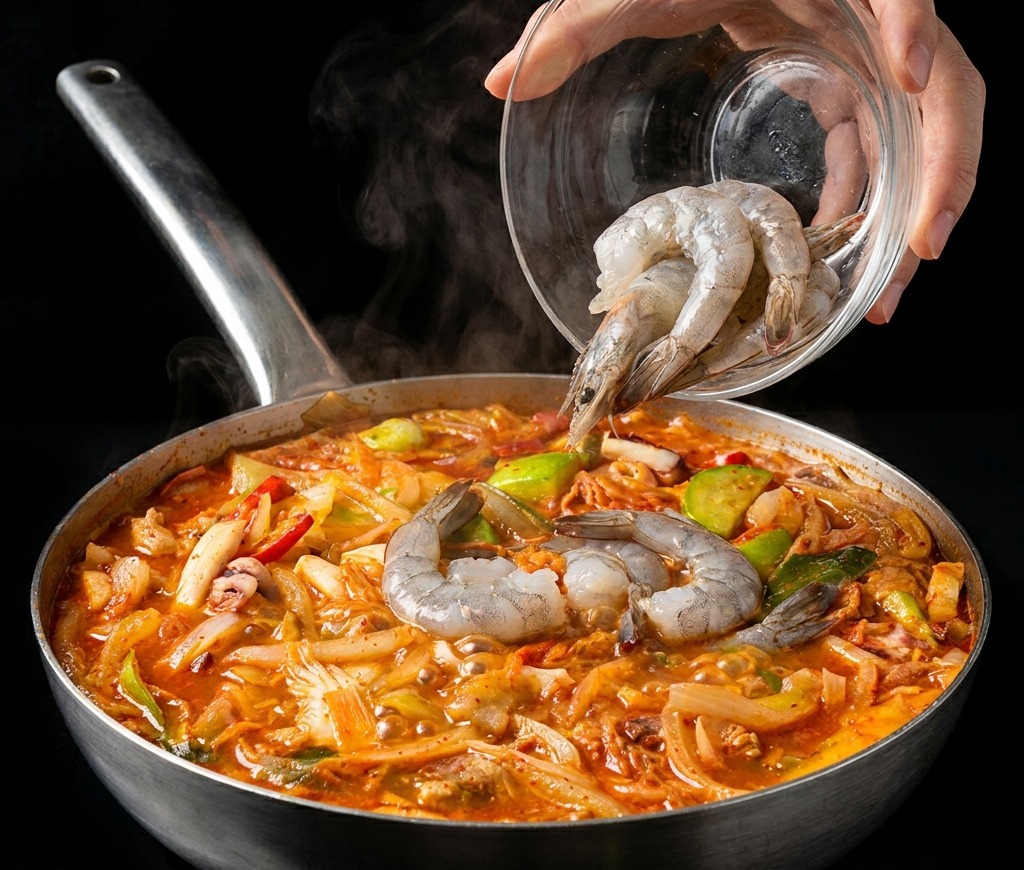 Crevettes grises crues ajoutées dun bol dans une marmite de Jjamppong rouge remplie de légumes et de calmars.