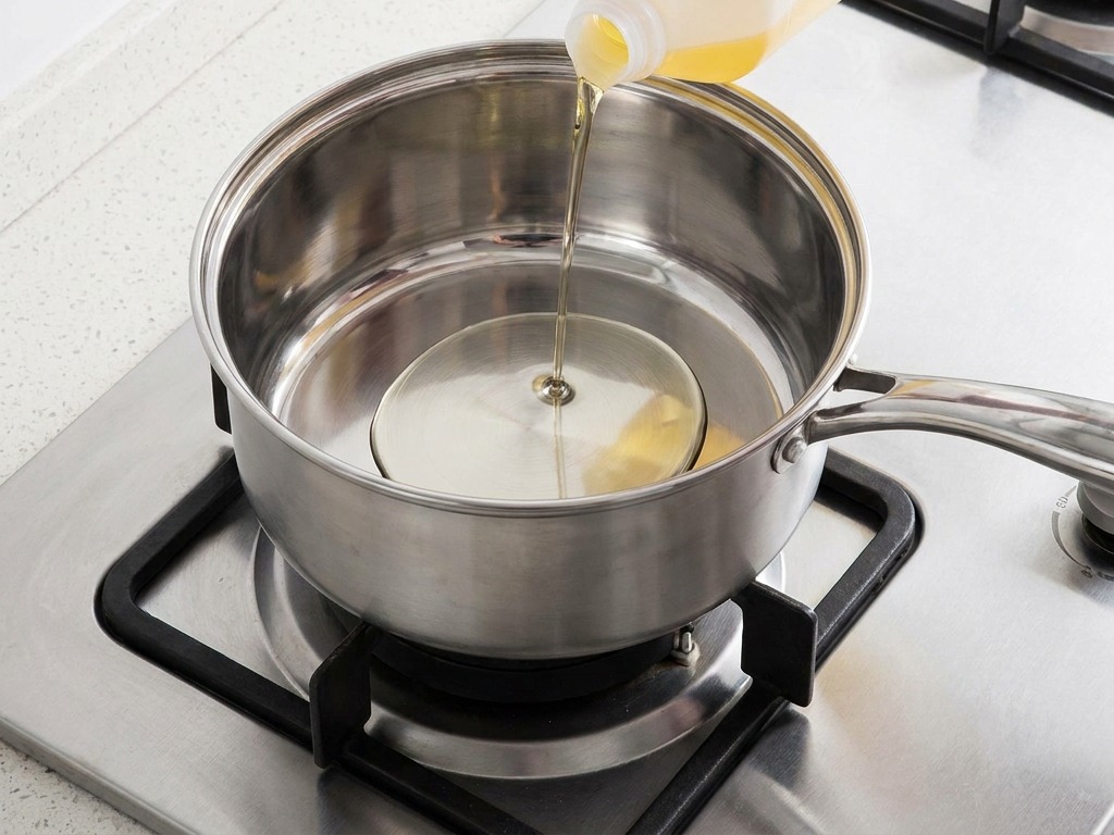 De lhuile de cuisson versée dune carafe en plastique dans une marmite en inox sur une gazinière.