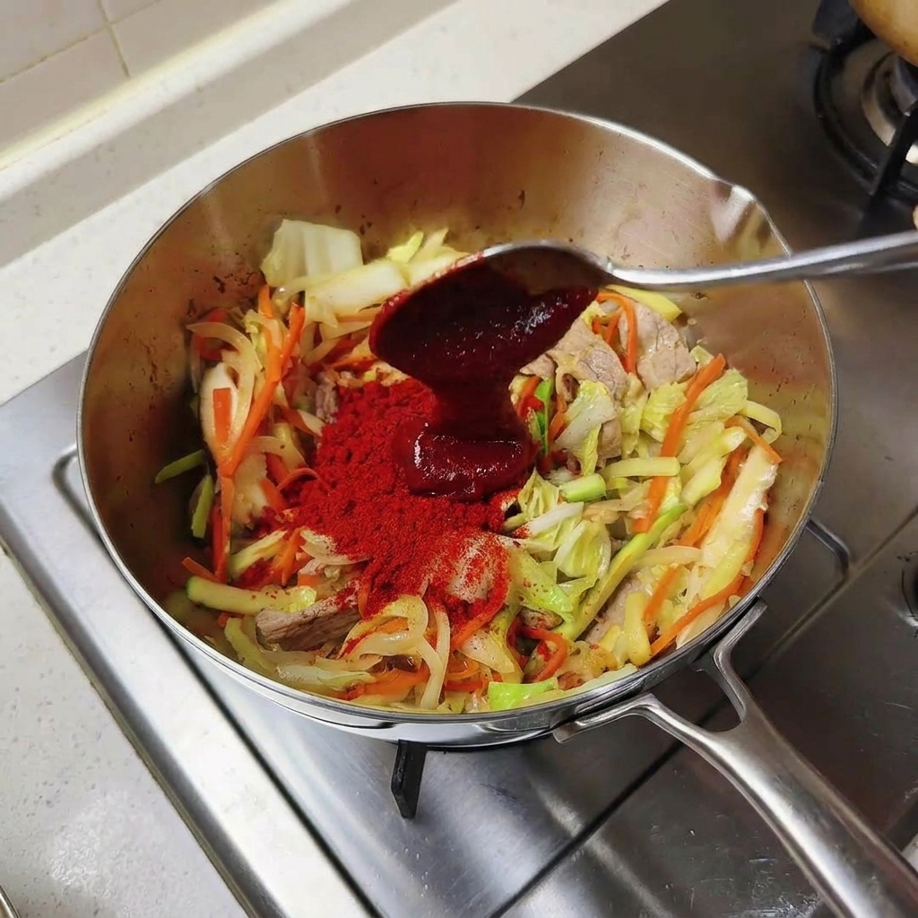 Une grande cuillère ajoutant une généreuse portion de pâte Gochujang rouge foncé dans la marmite.