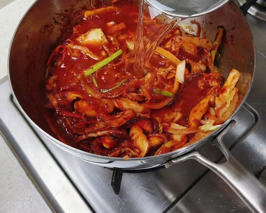 De leau claire versée avec une louche en métal dans une marmite contenant la préparation rouge de porc et de légumes.