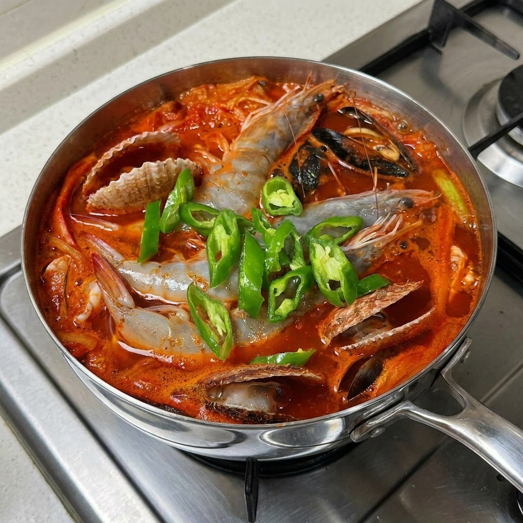 Des rondelles de piments verts frais parsemées sur des crevettes et des moules dans une soupe rouge bouillante.