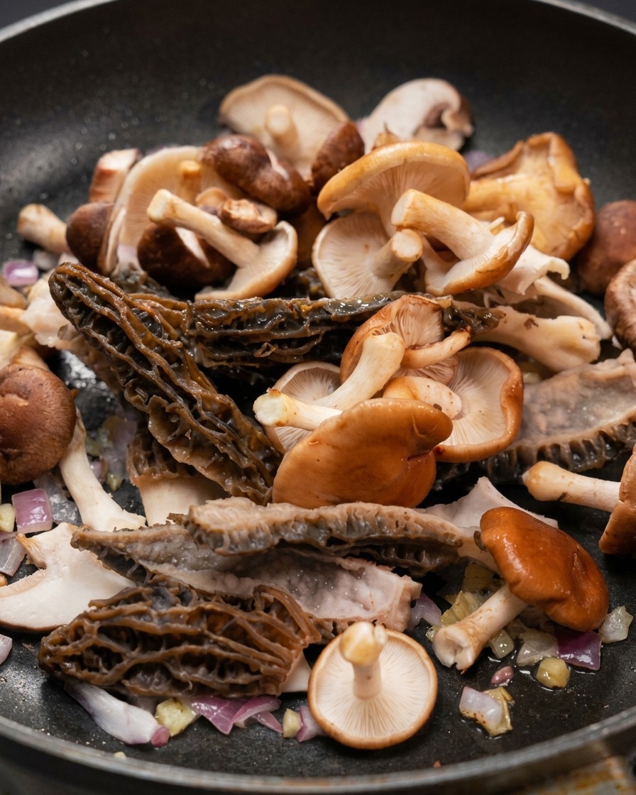 Divers champignons, dont des morilles et des shiitakes, mélangés à des oignons rouges dans une poêle.