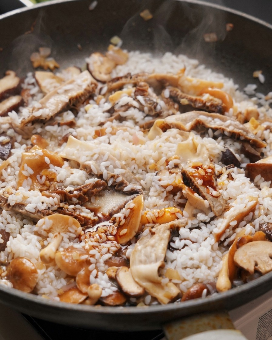 Sauce soja claire versée sur un mélange de riz blanc et de champignons variés dans une grande poêle.