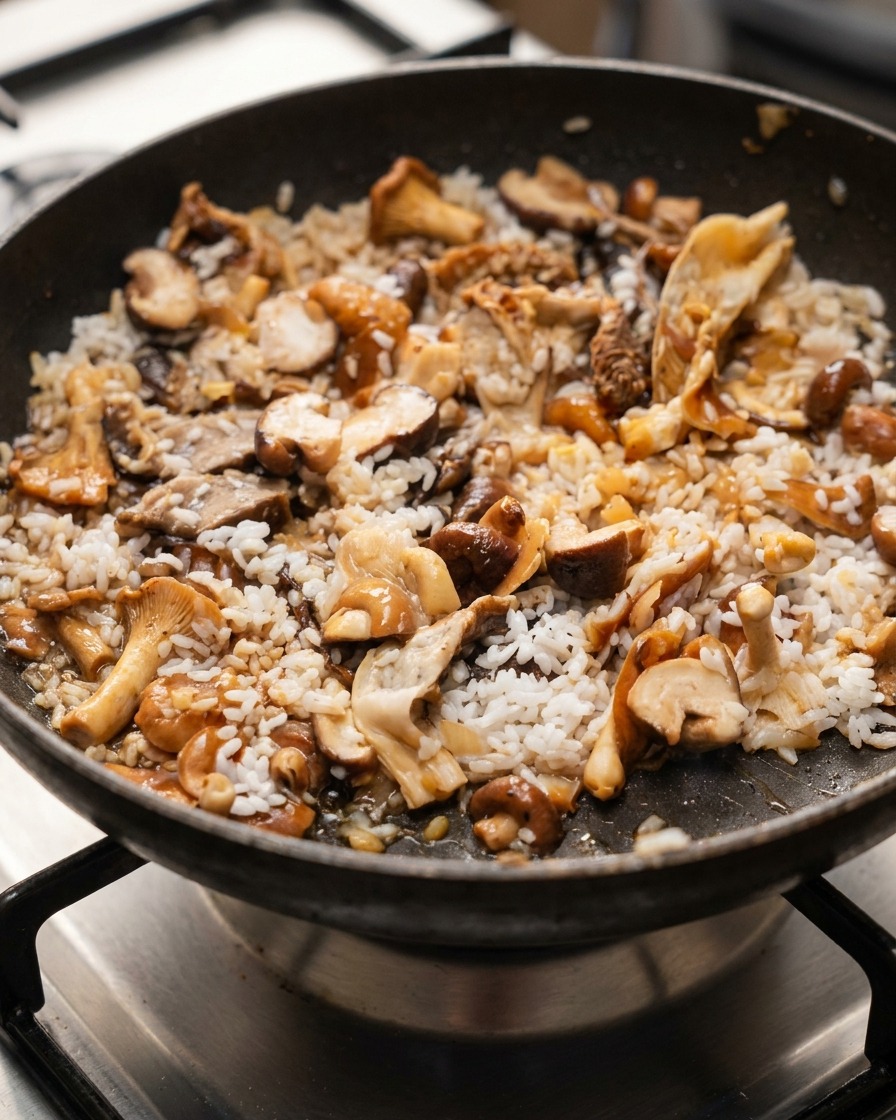 Une spatule mélangeant du riz blanc, des champignons bruns et des assaisonnements dans une poêle sur une cuisinière.