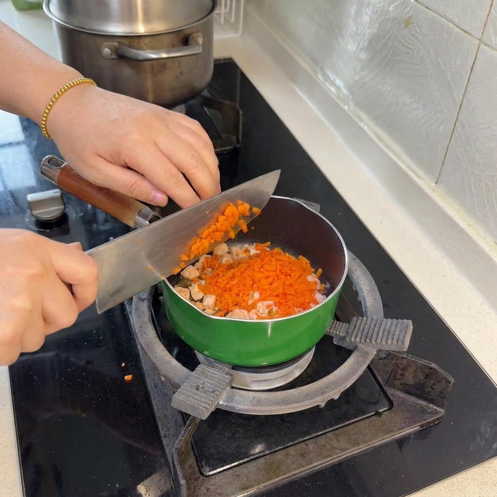 Carottes hachées ajoutées à la poêle avec les morceaux de saumon cuits.