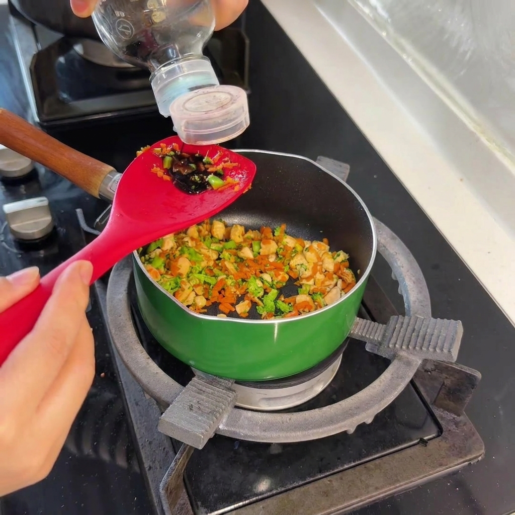 Sauce soja versée sur une spatule en silicone au-dessus de la poêle.