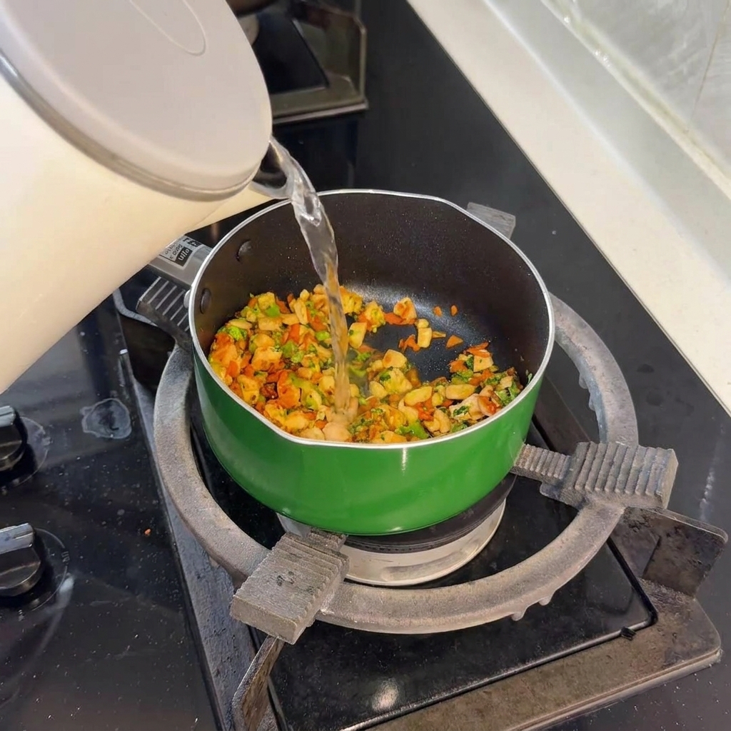 Un mince filet deau versé dans la poêle avec le saumon et les légumes.