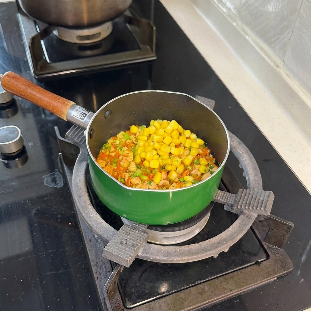 Grains de maïs jaune vif ajoutés au mélange saumon, carotte et brocoli.