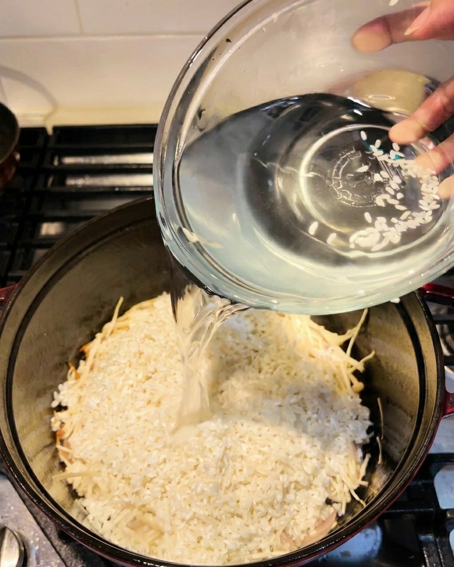 Eau versée dun bol en verre dans une cocotte remplie de riz et de champignons enoki.