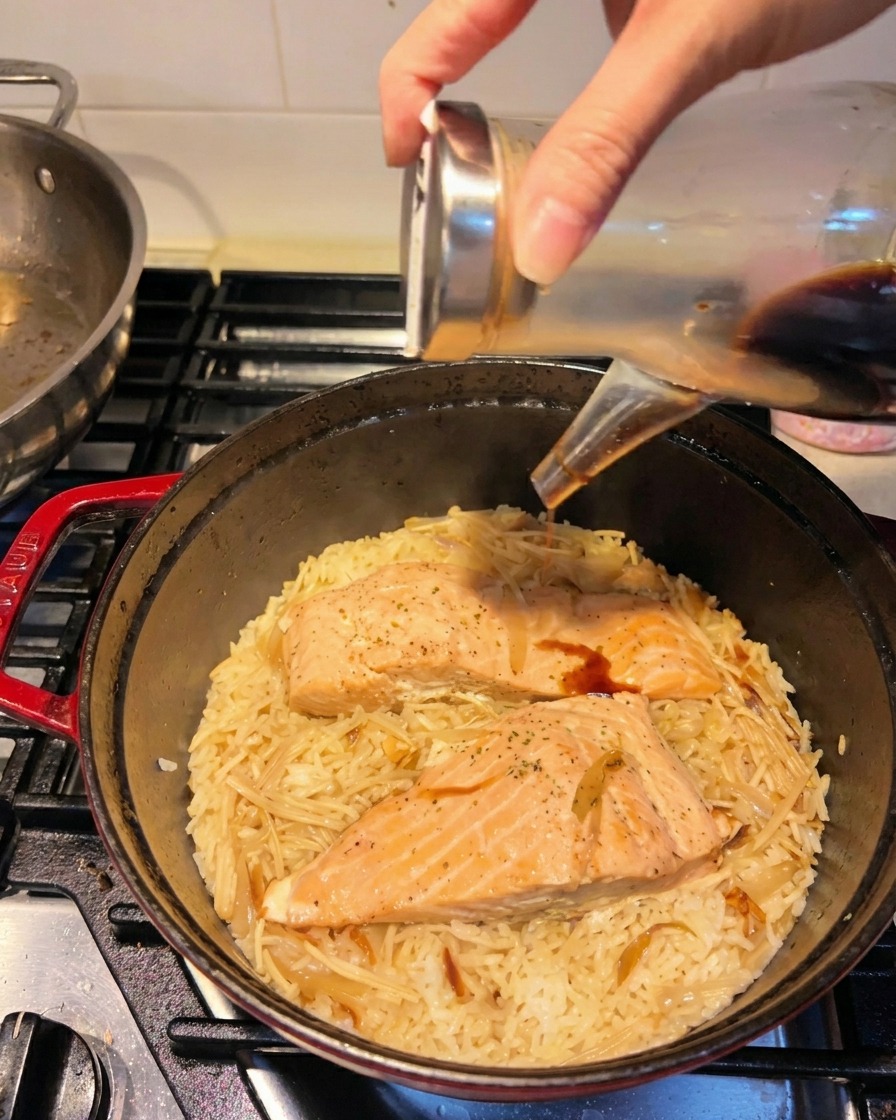 Sauce soja versée dune bouteille sur un lit de riz cuit et de filets de saumon vapeur.