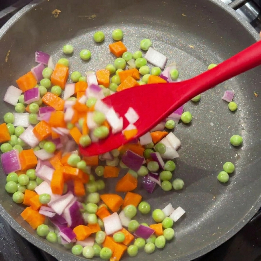 Mélange coloré doignons rouges, carottes et petits pois remués avec une spatule rouge.