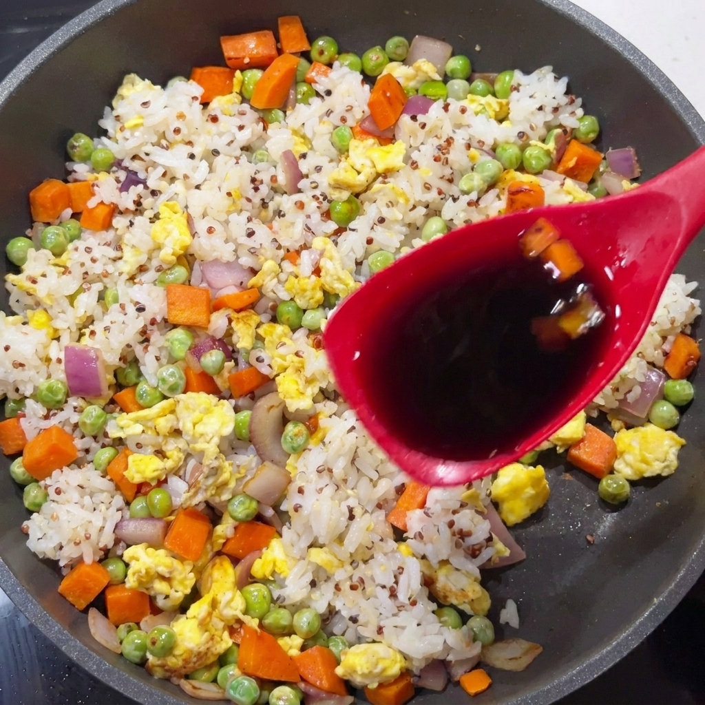 Une cuillère versant de la sauce soja sur le mélange de riz, quinoa et légumes.