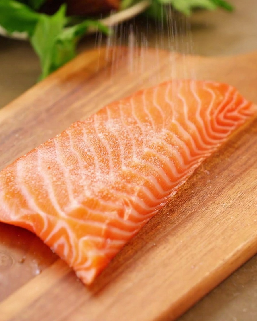 Sel de mer saupoudré sur un filet de saumon rose frais posé sur une planche en bois.