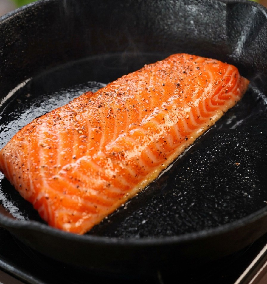 Filet de saumon assaisonné saisissant dans une poêle en fonte chaude, la surface devenant dun brun doré croustillant.