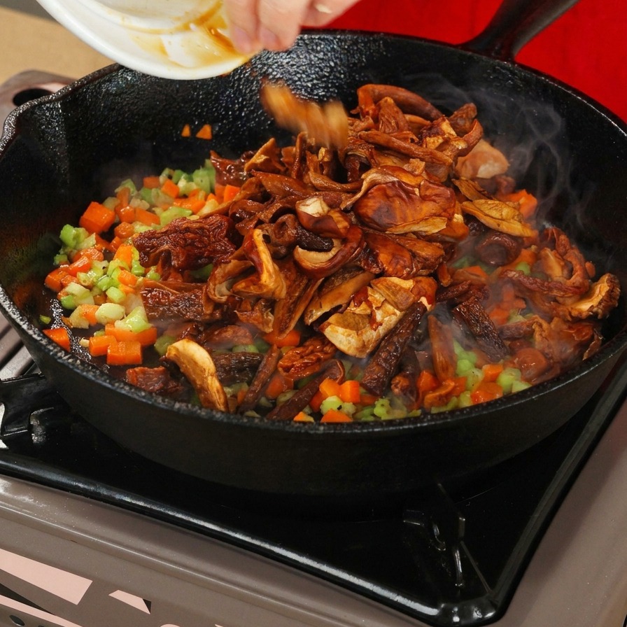Champignons ajoutés dune assiette dans une poêle contenant des carottes et du céleri hachés.