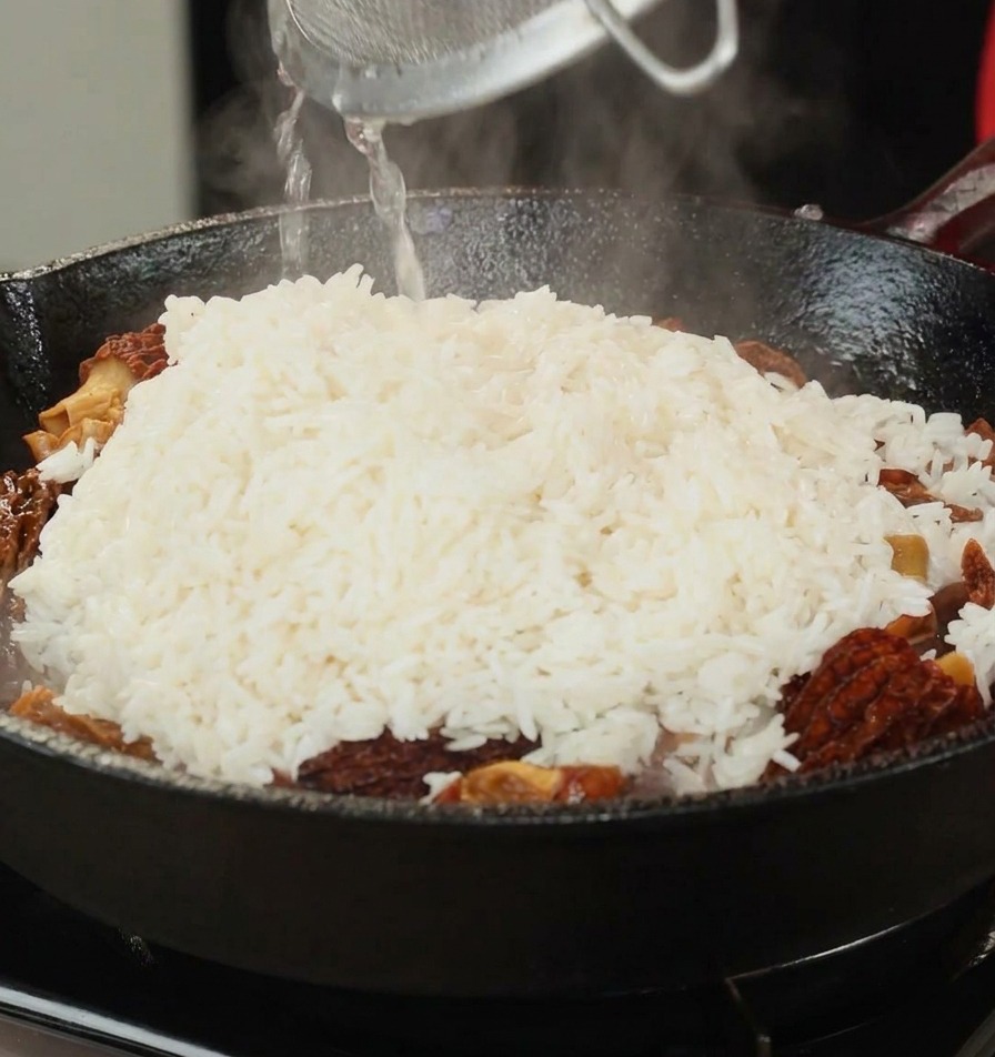Riz blanc versé à travers une passoire dans une poêle contenant des morilles et des légumes.