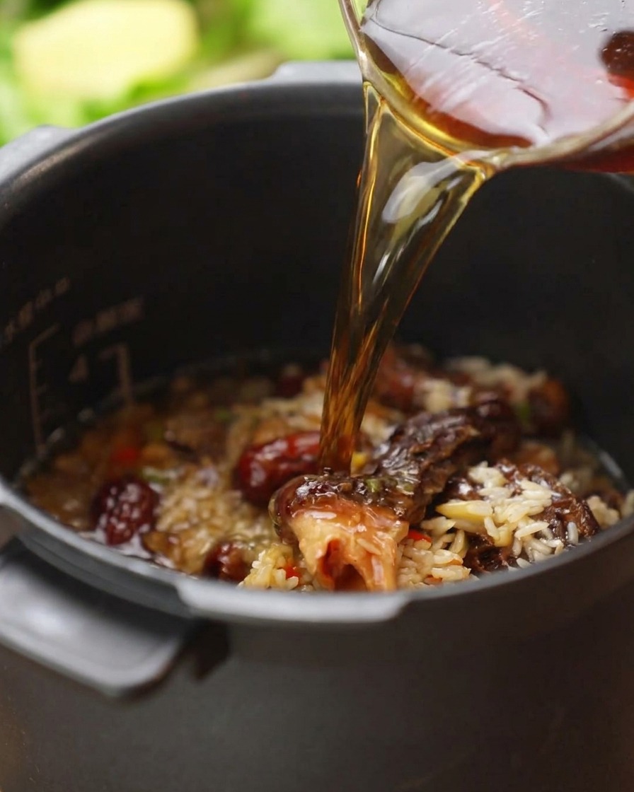 Bouillon ambré versé dun verre doseur dans une cuve de cuiseur à riz remplie de riz, morilles et légumes.