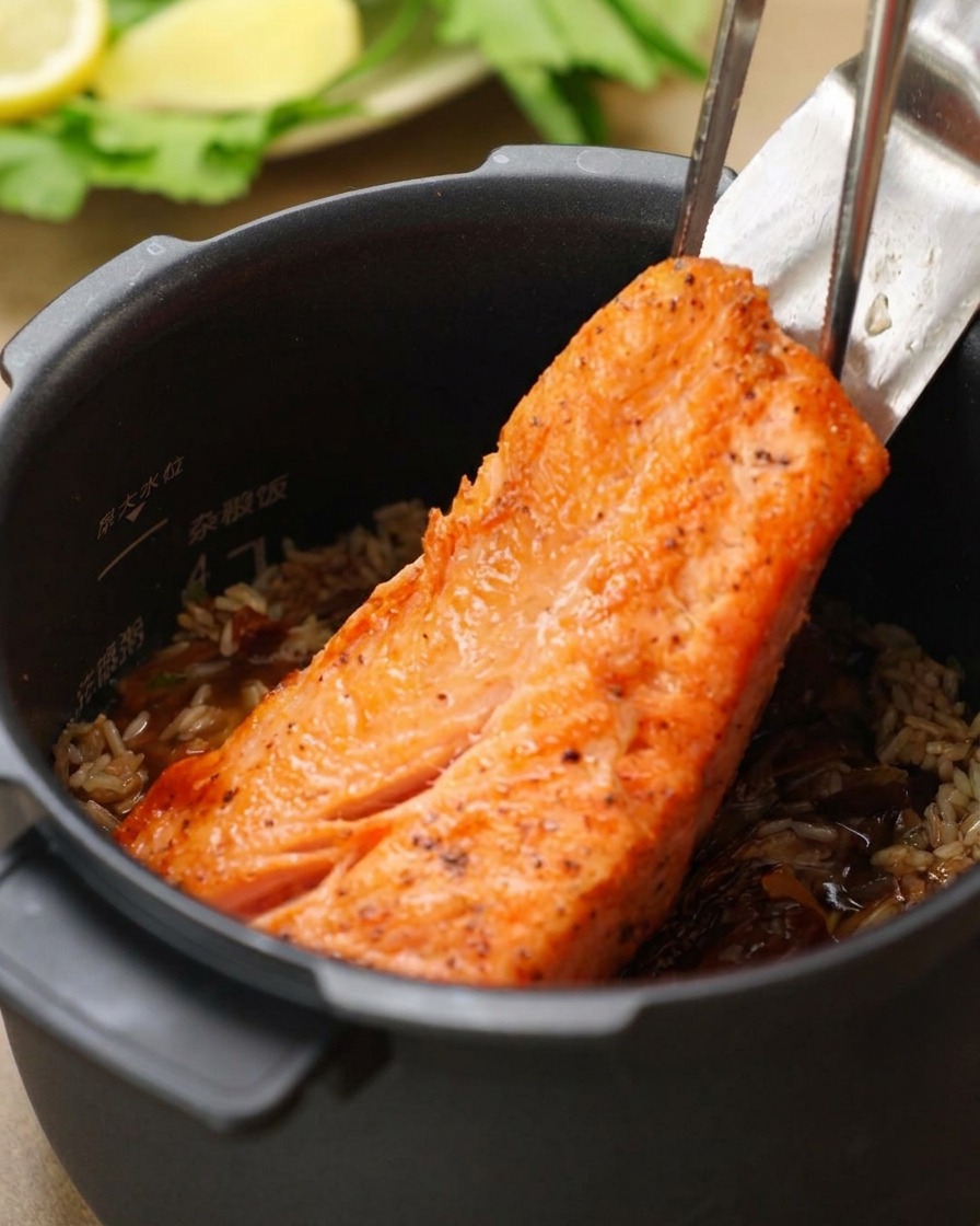 Gros filet de saumon doré déposé avec des pinces dans un cuiseur à riz sur un lit de riz et de champignons.