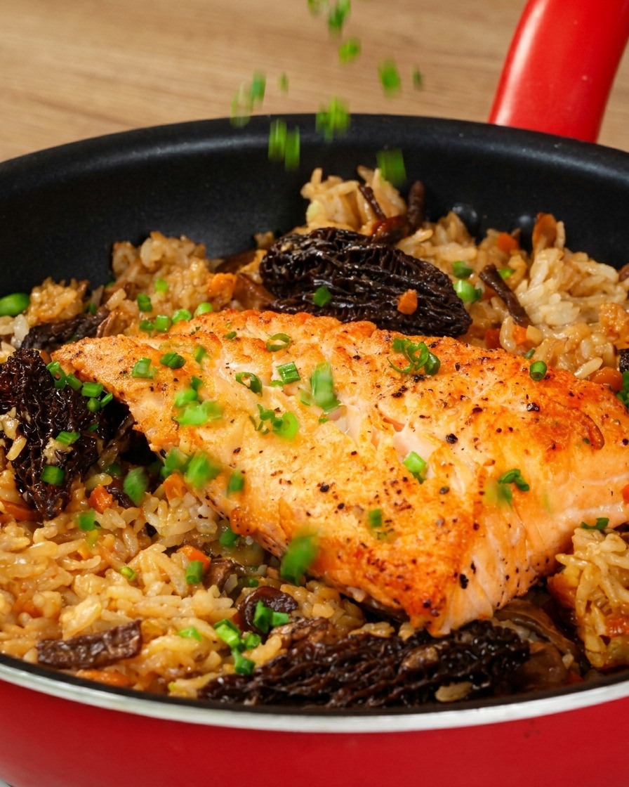 Oignons verts fraîchement hachés saupoudrés sur le plat fini de saumon et riz aux champignons.