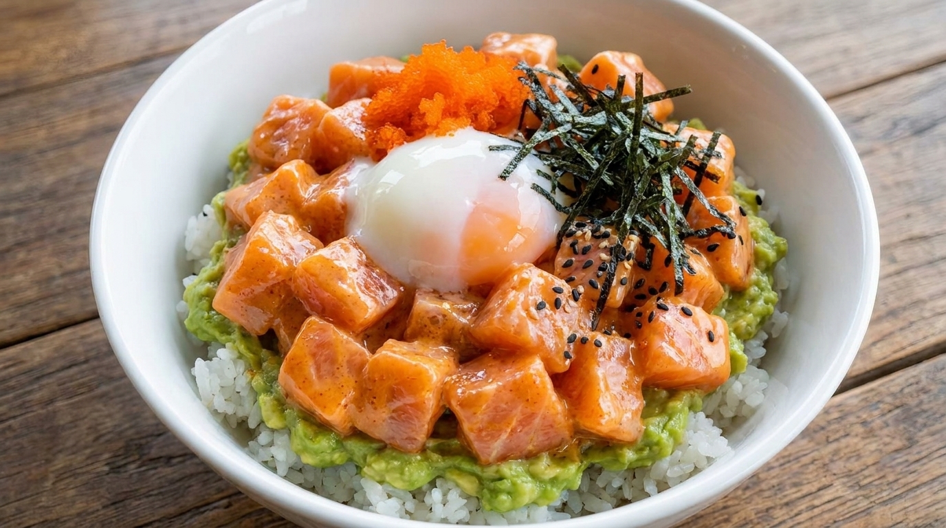 Bol de riz au saumon épicé, avocat et œuf Onsen