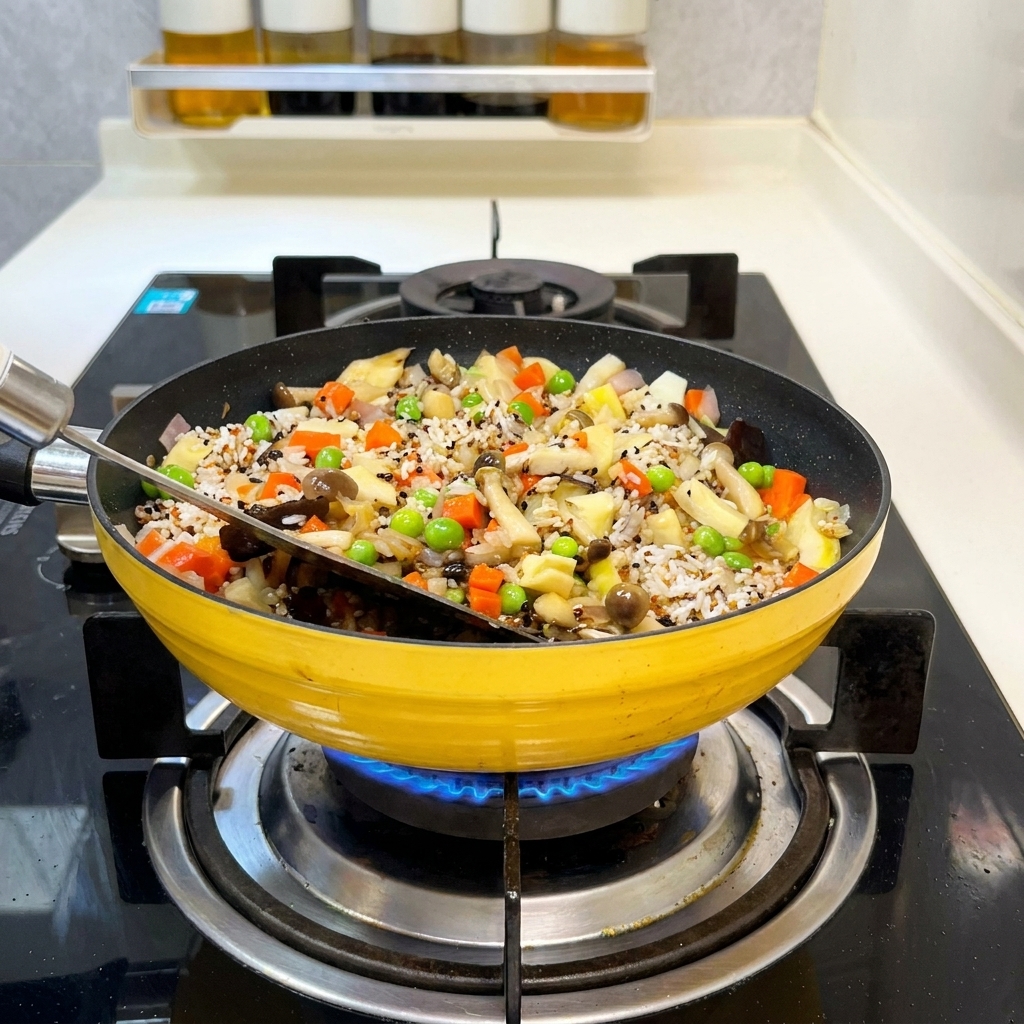 Une spatule noire mélangeant le riz, le quinoa et les légumes dans une poêle jaune sur une cuisinière à gaz.