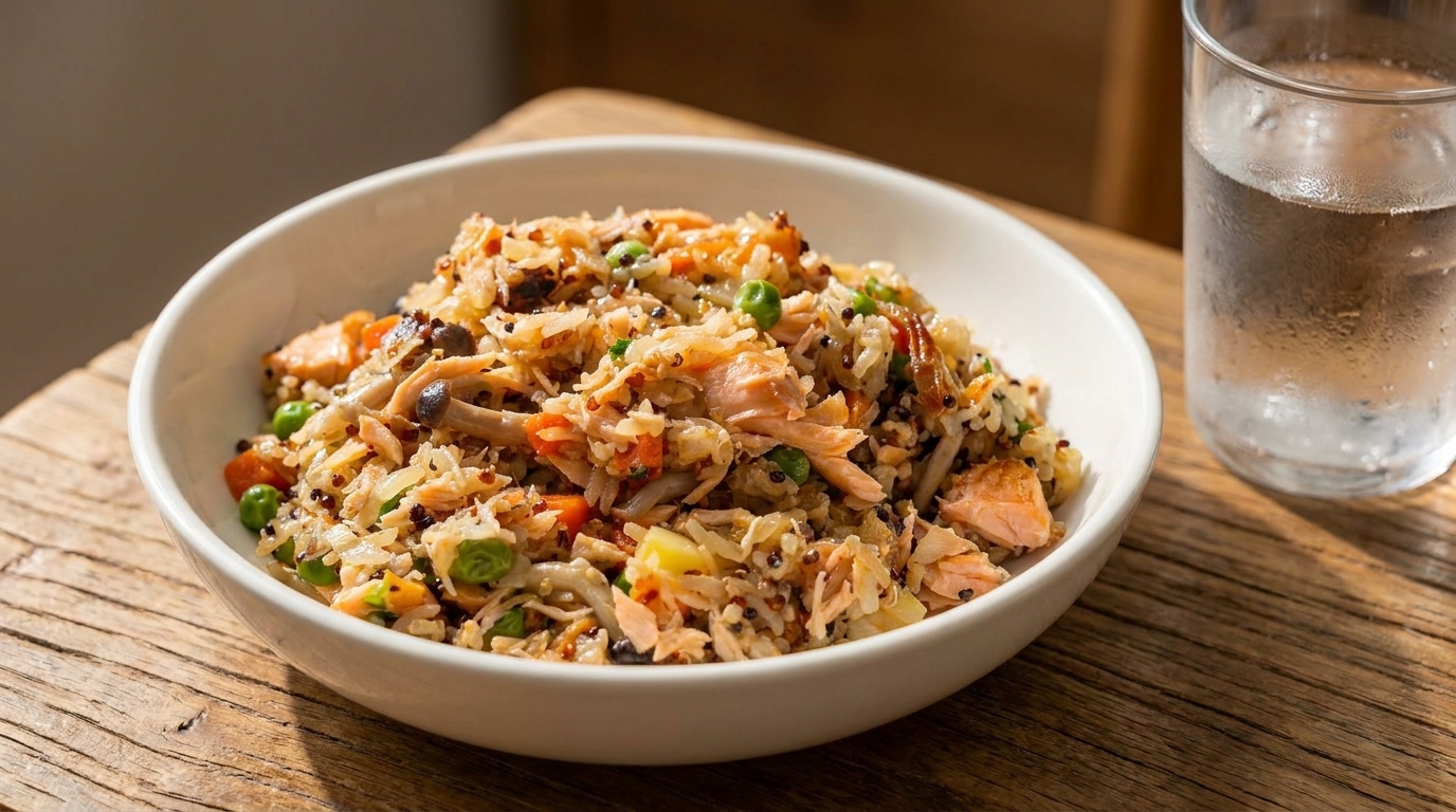 Riz au quinoa et saumon braisé aux champignons sauvages
