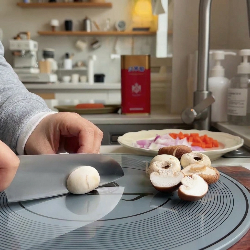 Une personne utilise un couteau de chef pour trancher des champignons de Paris sur une planche à découper grise.