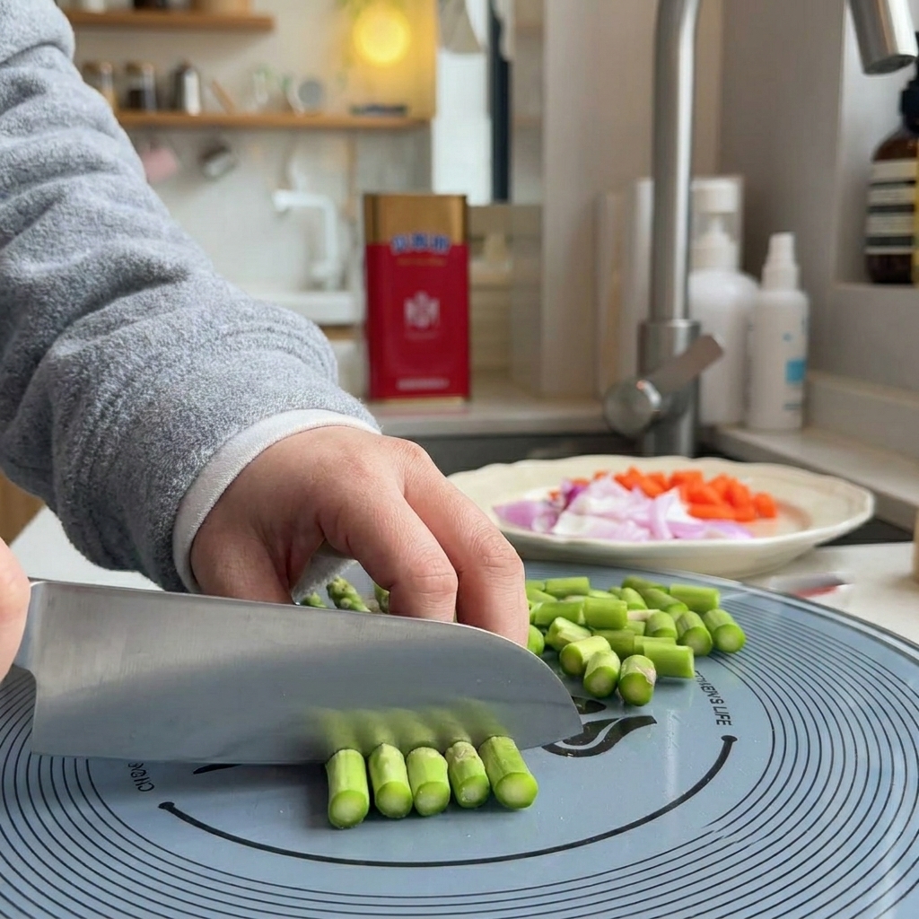 Des asperges vertes fraîches coupées en petits tronçons sur une planche de cuisine.