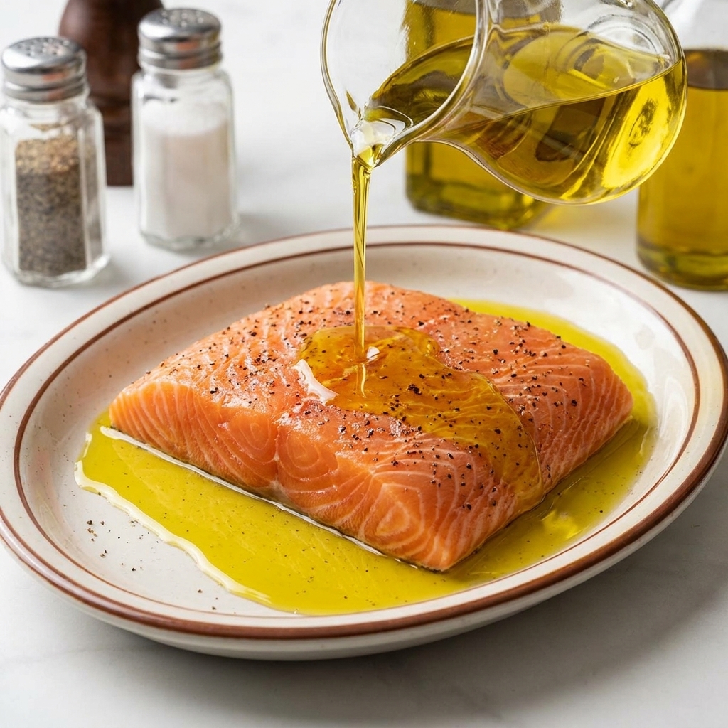 Un filet dhuile dolive dorée versé depuis une carafe en verre sur un pavé de saumon cru assaisonné.