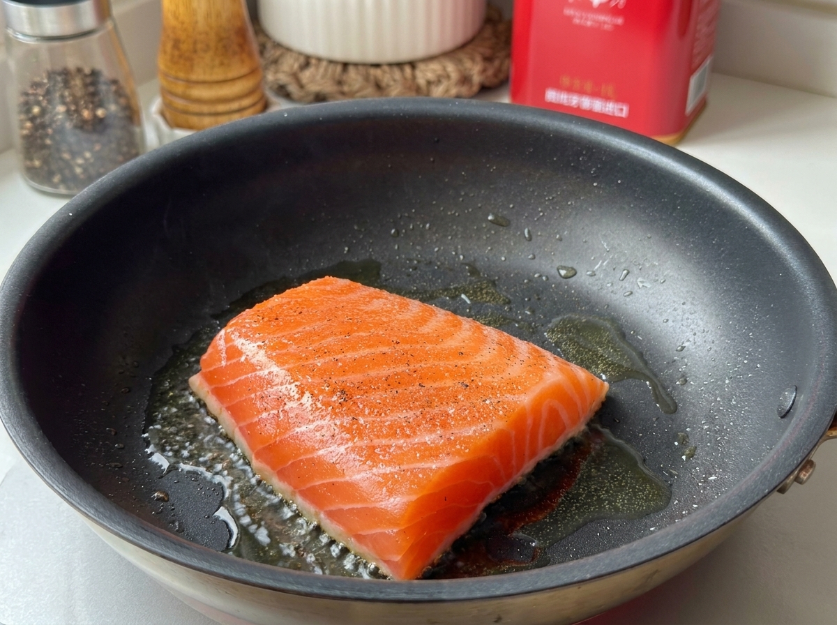 Un pavé de saumon poivré saisissant dans une poêle chaude avec de lhuile frémissante.