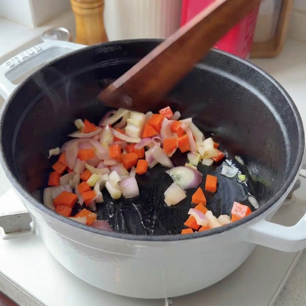 Dés de carottes et oignons rouges mélangés avec une spatule en bois dans une cocotte blanche.