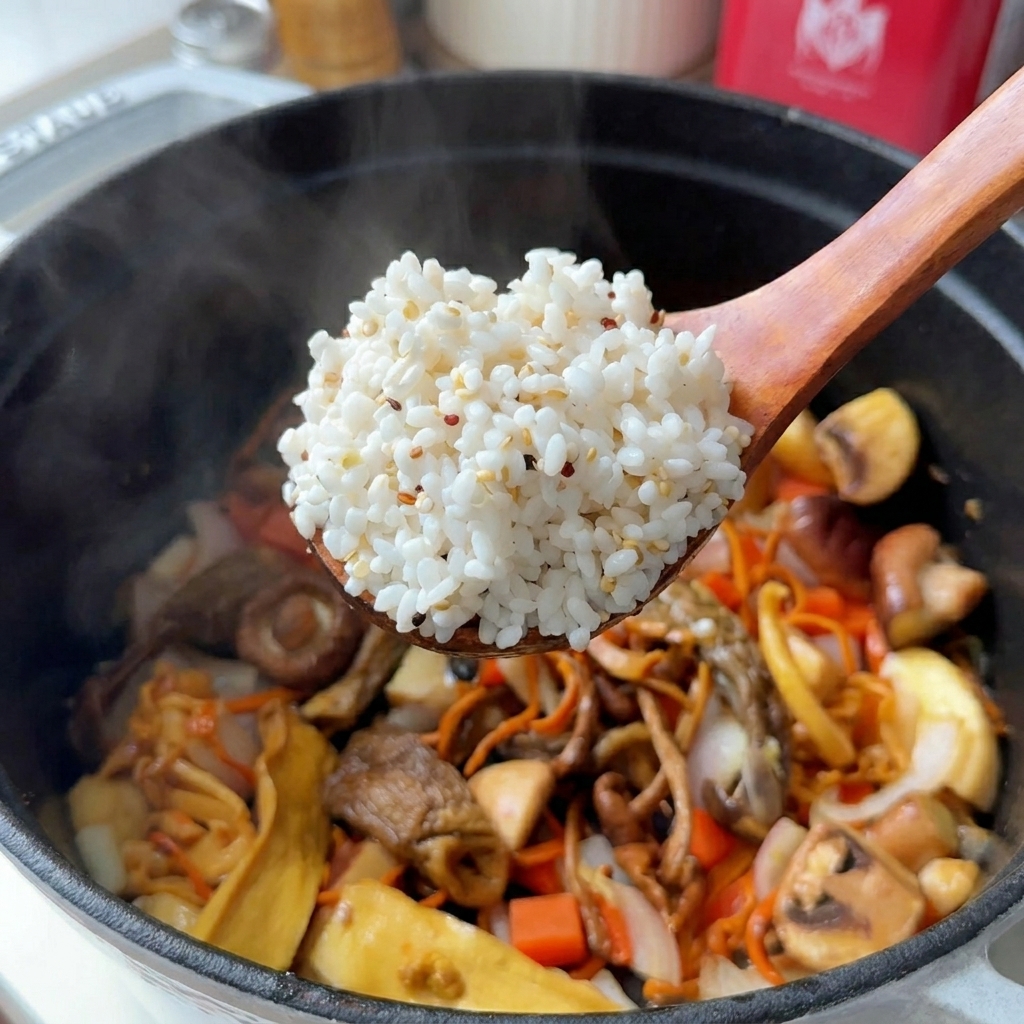 Une cuillère en bois soulevant du riz blanc et du quinoa au-dessus dune cocotte contenant des champignons et des carottes.