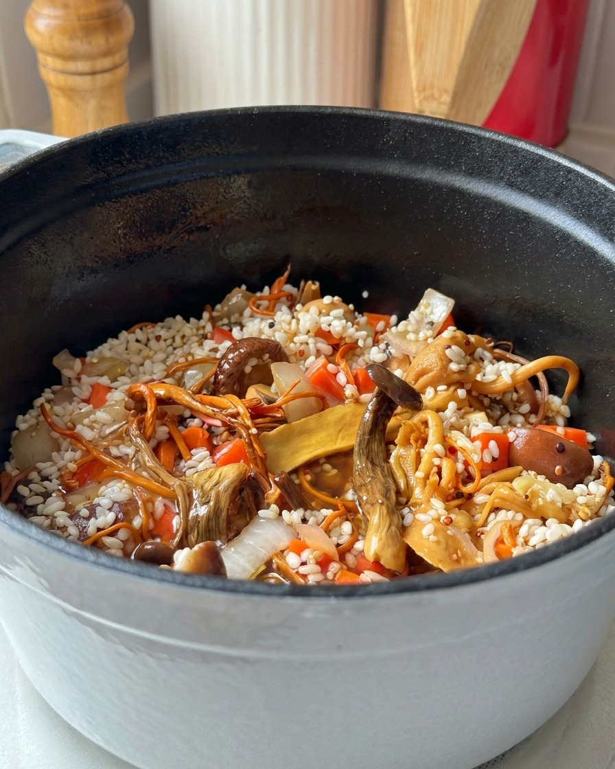 De leau versée dans une cocotte remplie de riz, quinoa, carottes et divers champignons.