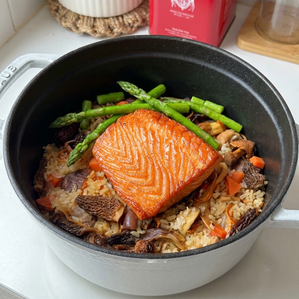 Un pavé de saumon doré reposant sur un lit de riz aux champignons dans une cocotte, garni dasperges vertes.