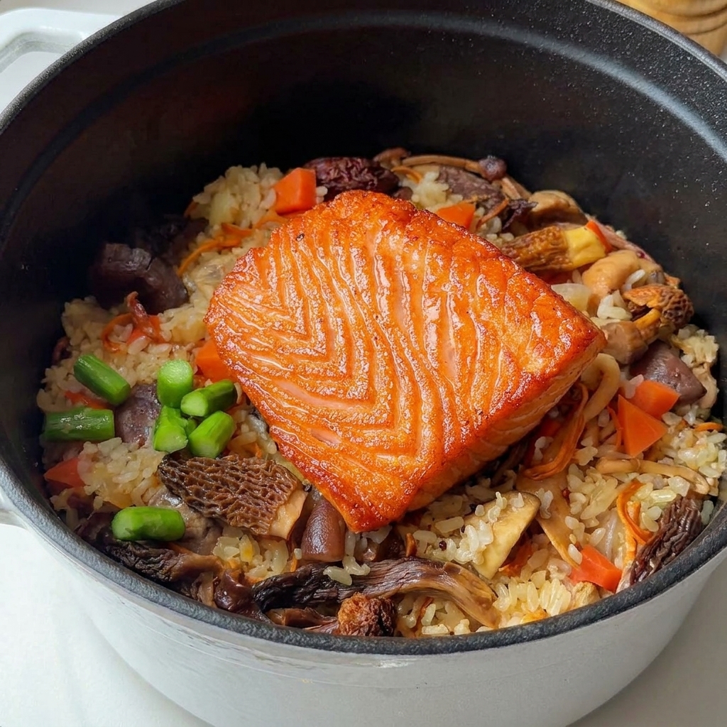 Un pavé de saumon cuit au centre dune cocotte de riz aux champignons, entouré de morceaux dasperges vertes.