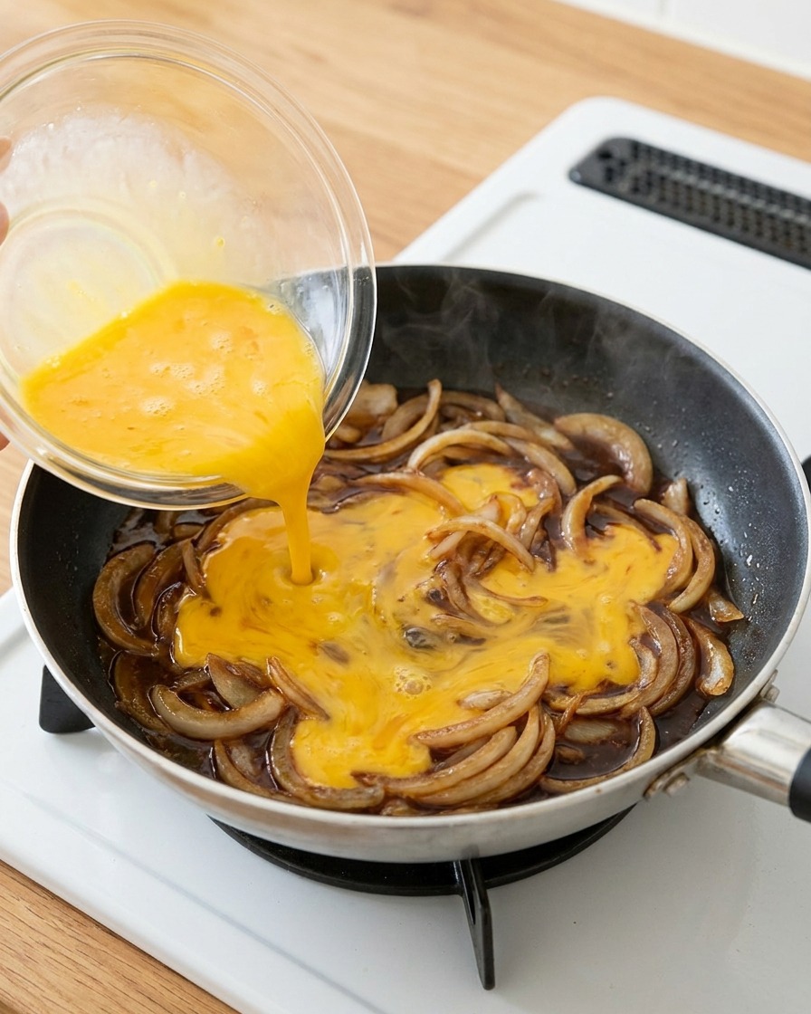 Verser le reste des œufs battus sur les oignons à la sauce dans la poêle