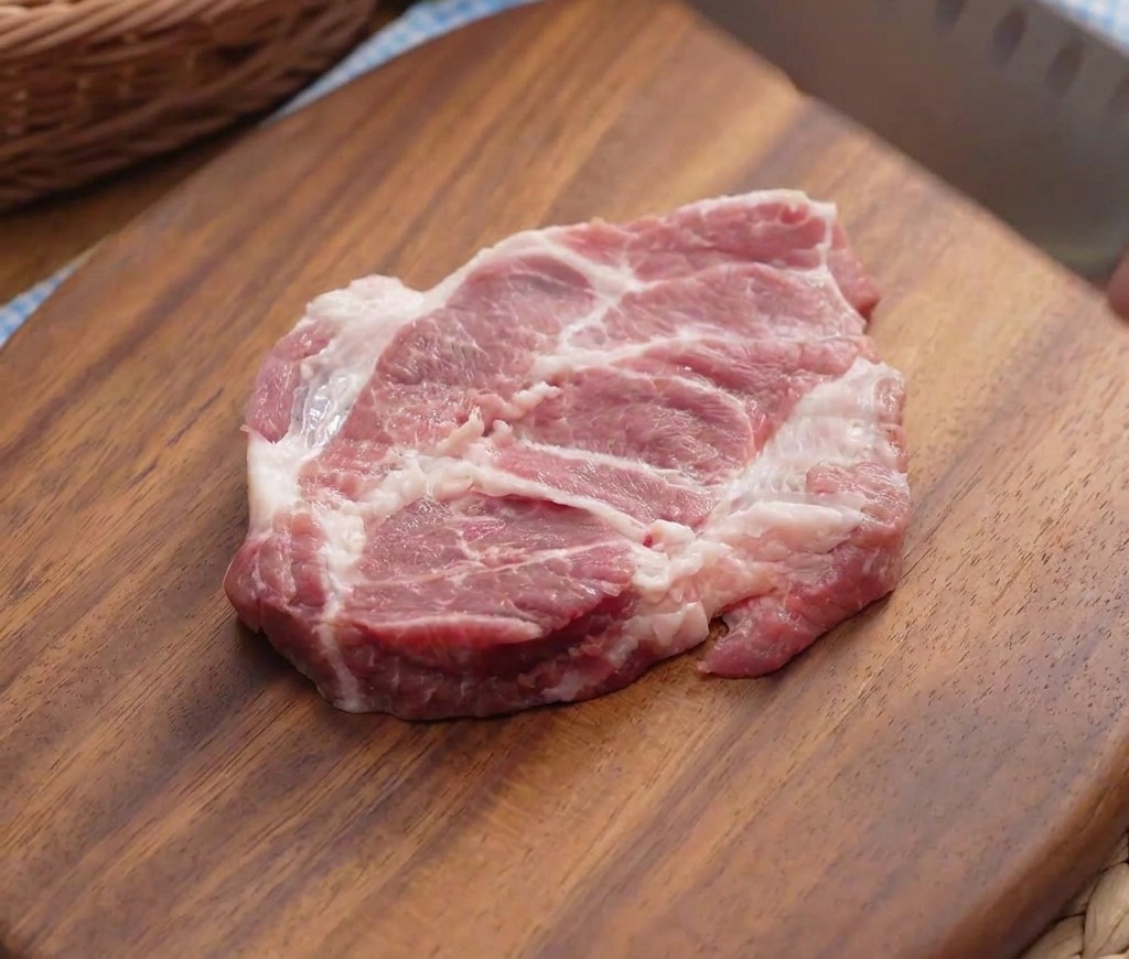 Une tranche déchine de porc crue frappée avec le dos dun couteau de chef sur une surface en bois.