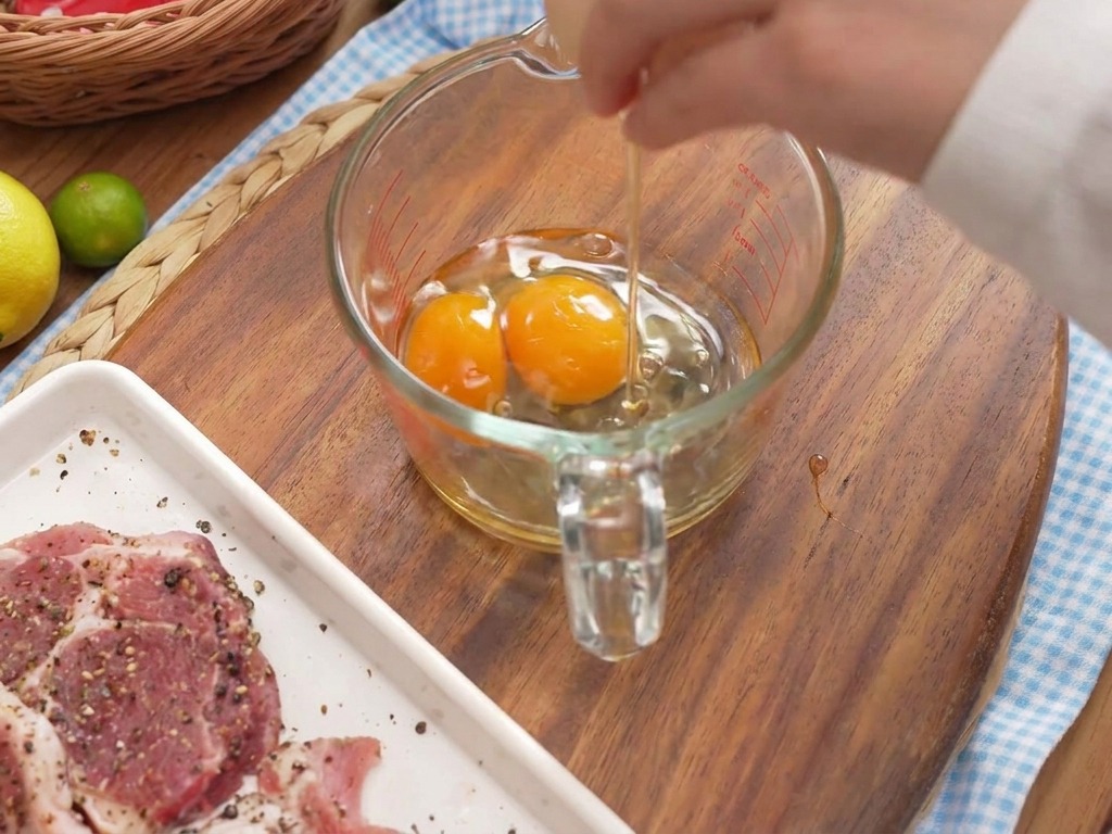 Une personne cassant des œufs dans un verre doseur sur une planche en bois à côté dustensiles de cuisine.