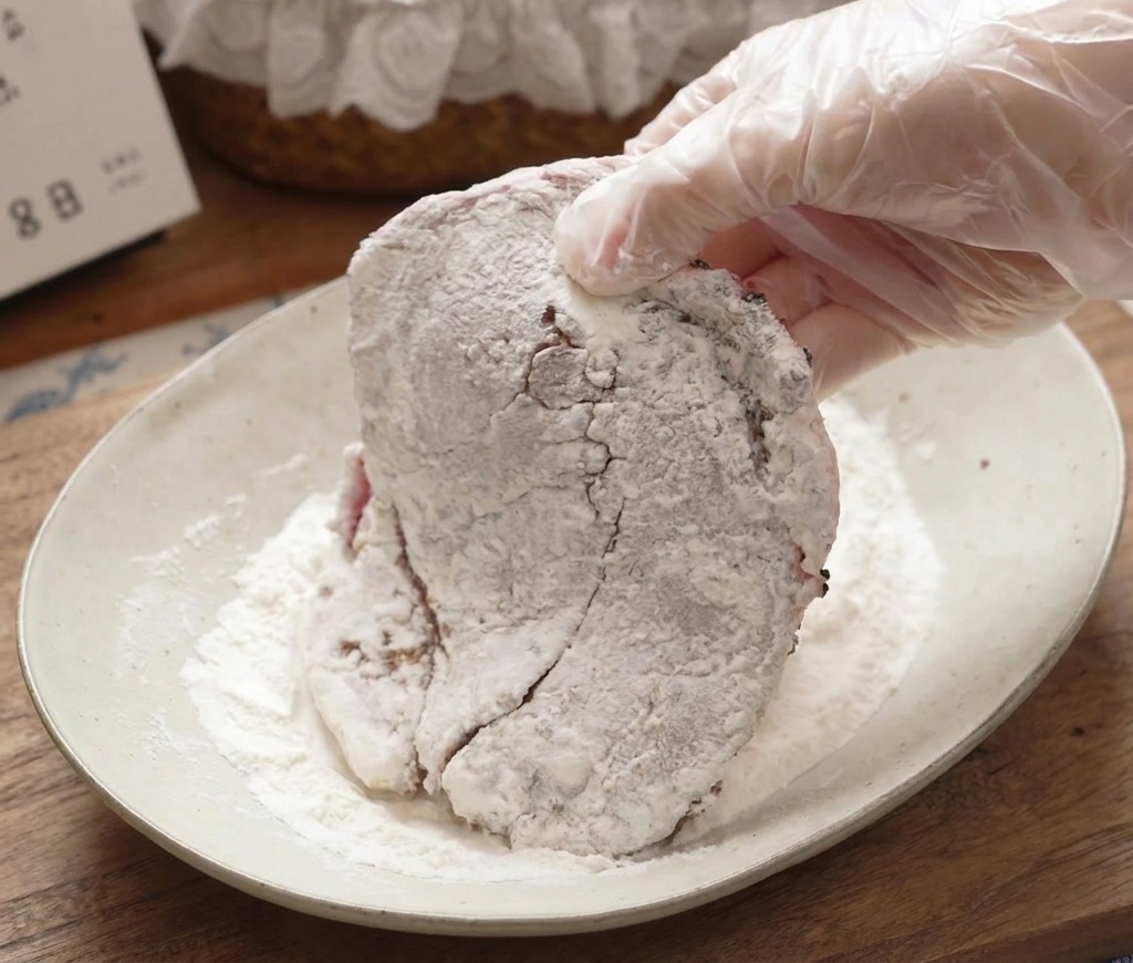 Une main gantée passant une côte de porc assaisonnée dans une assiette de farine blanche.