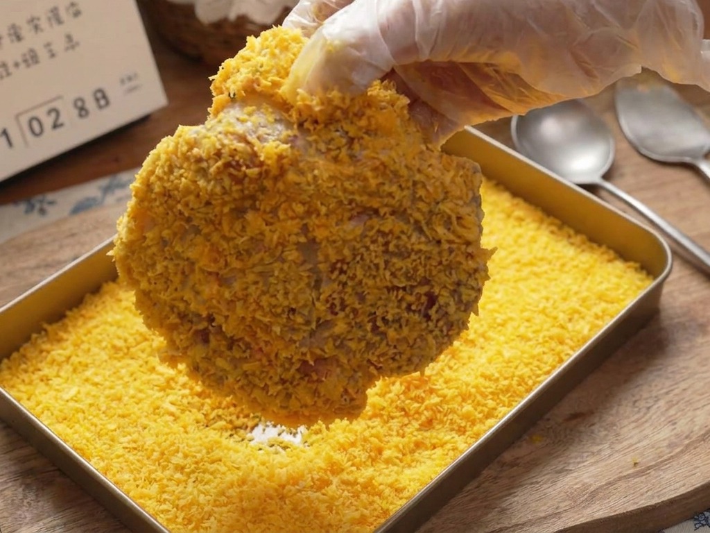 Une côte de porc pressée fermement dans un plateau de chapelure Panko dorée pour créer une croûte épaisse.