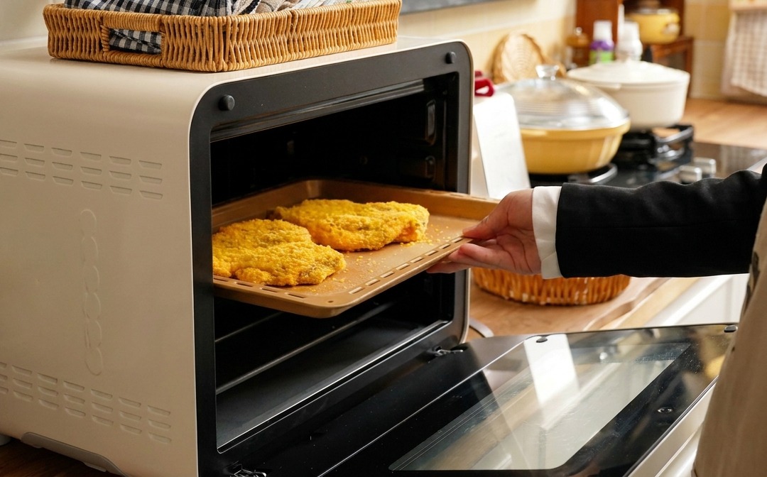 Une personne glissant une plaque de cuisson contenant des escalopes de porc panées dans un petit four de cuisine.