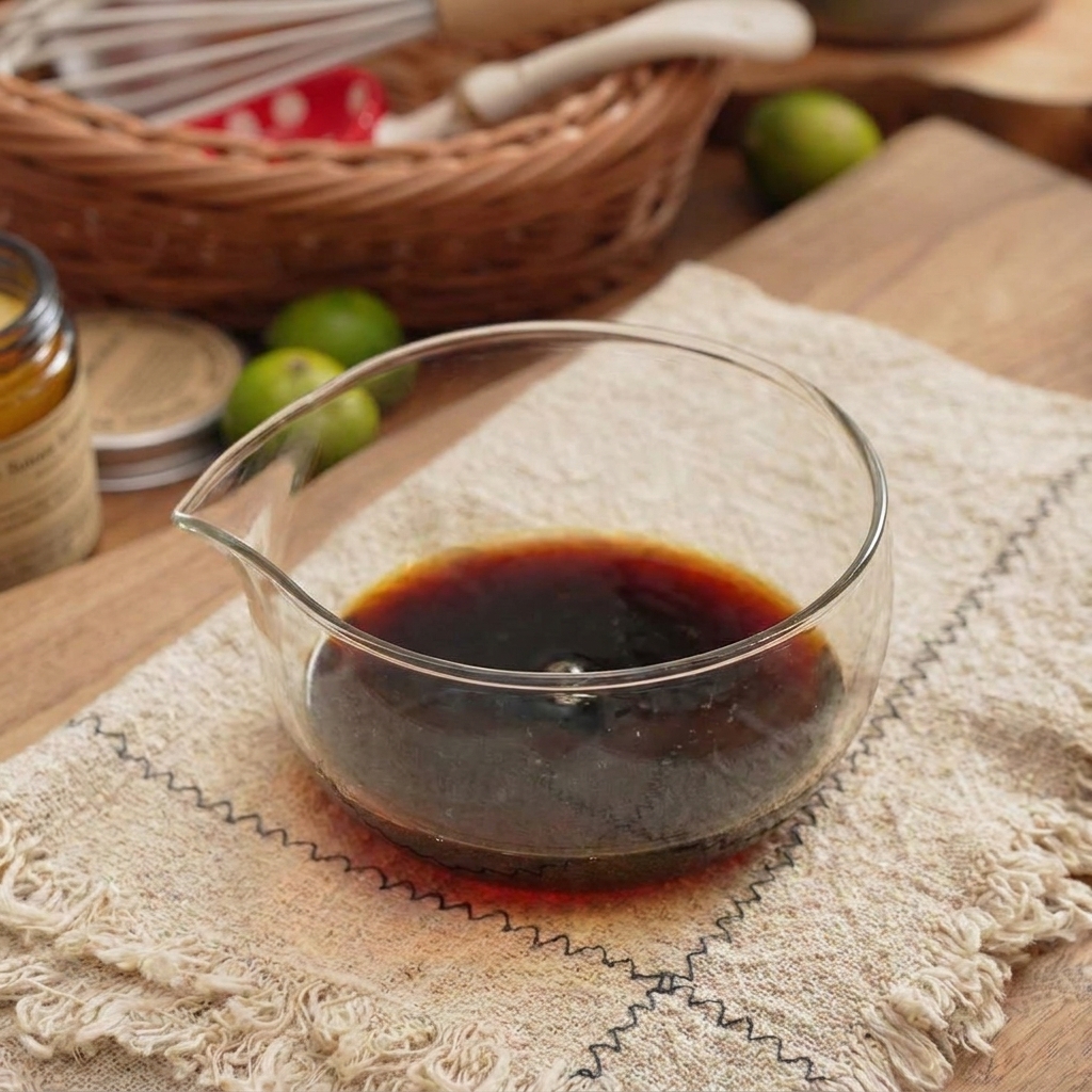 Un mélange de sauce sombre à base de soja dans un bol verseur en verre sur un linge en lin beige.