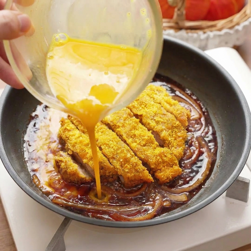 Dorure à lœuf versée dun bol dans une poêle frémissante autour dune escalope de porc dorée.
