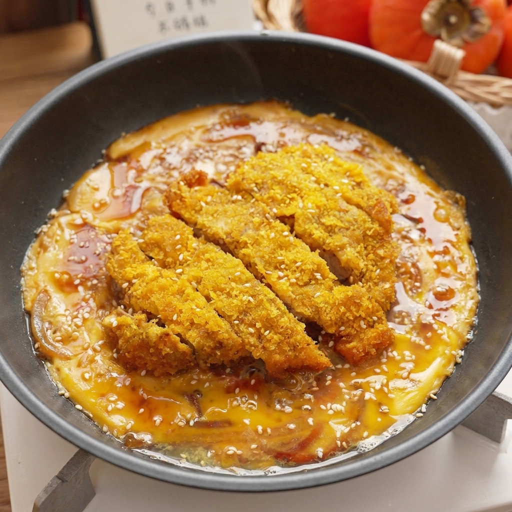 Le katsudon terminé dans la poêle, parsemé de graines de sésame et mijotant dans sa sauce riche.