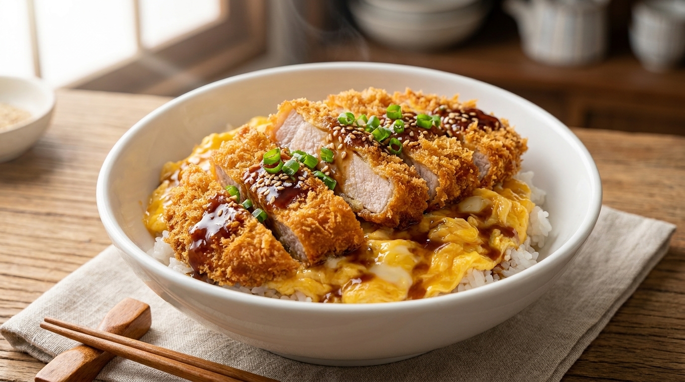 Katsudon japonais au porc au four et œufs brouillés soyeux
