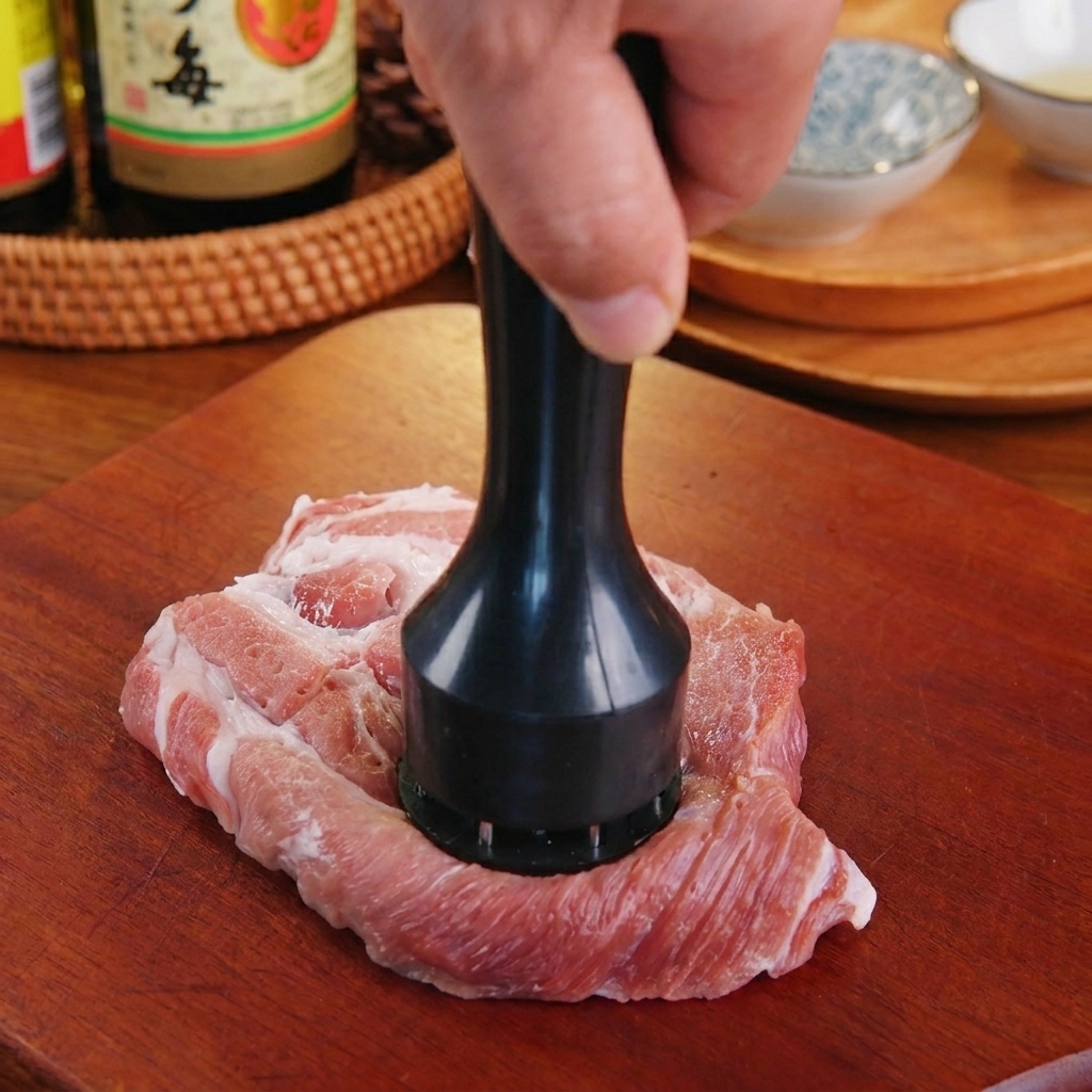 Une main utilisant un attendrisseur à viande noir pour frapper un morceau de porc marbré sur une planche en bois.