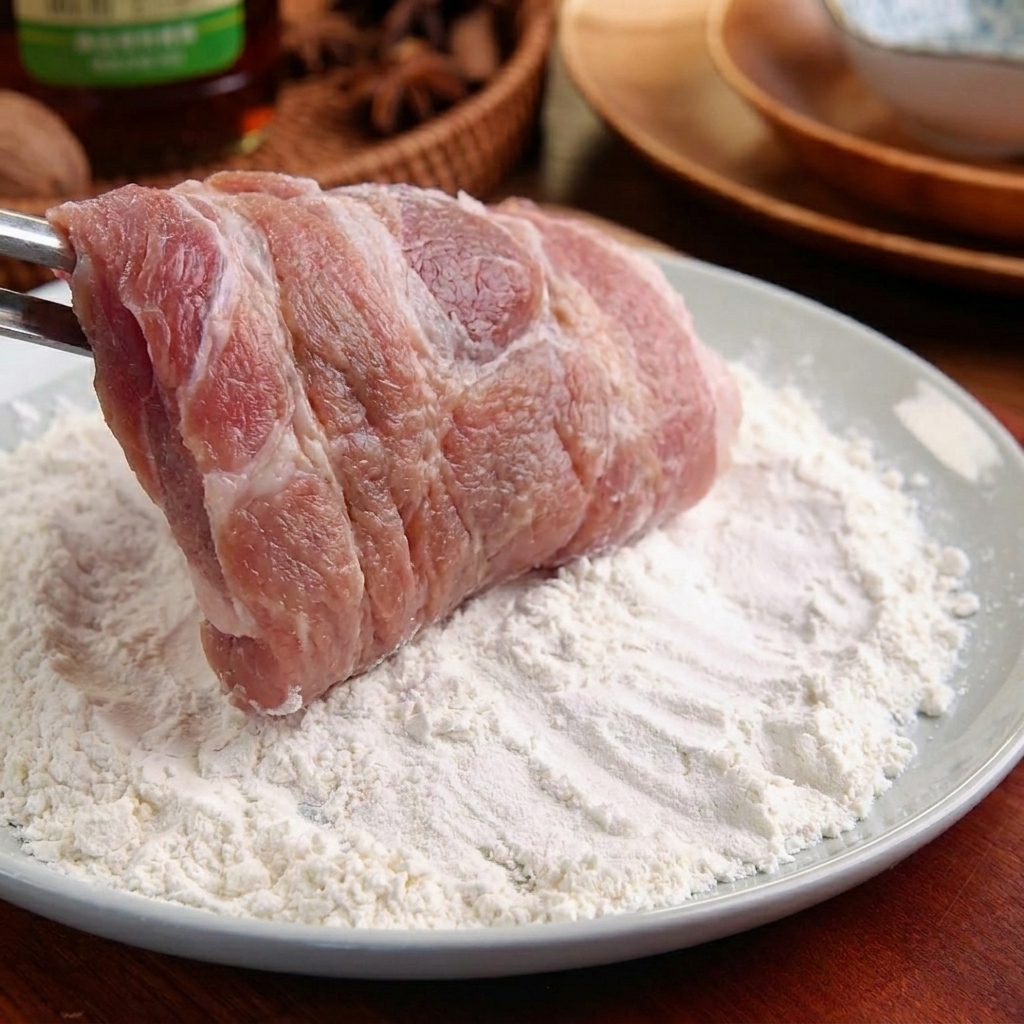 Une tranche de porc tenue avec une pince et enrobée de farine blanche sur une assiette claire.