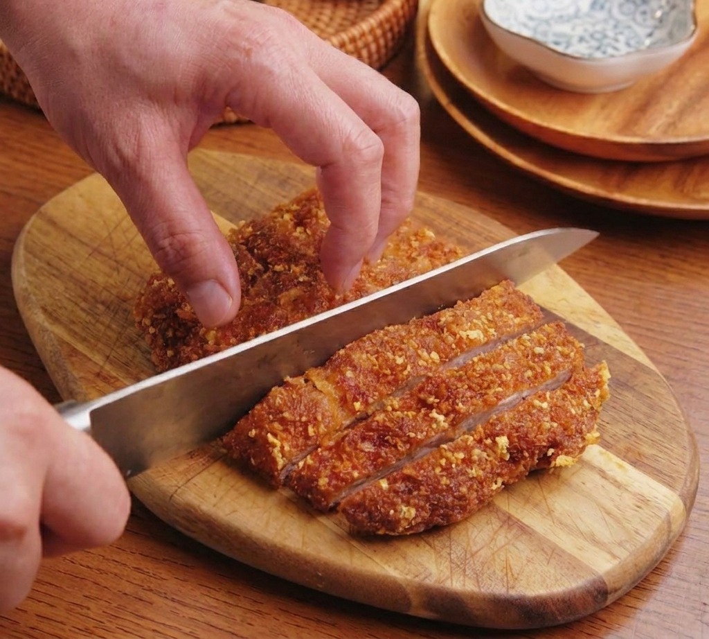 Des mains utilisant un grand couteau pour couper un tonkatsu de porc doré et croustillant en lanières sur une planche en bois.