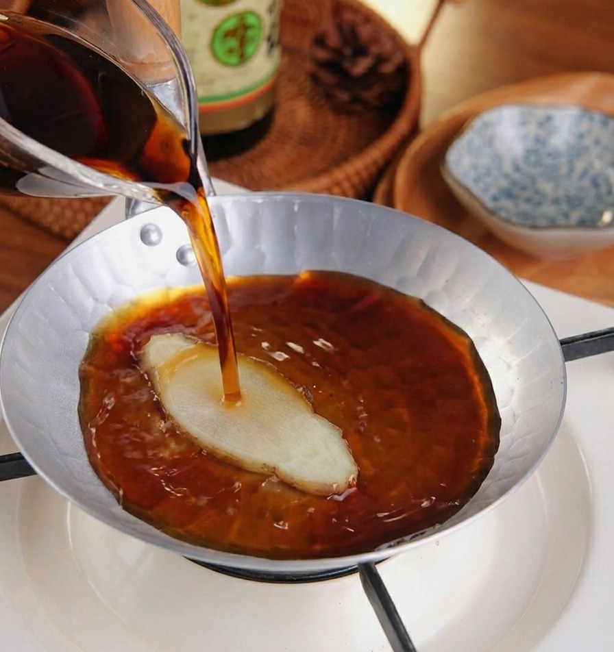 Une sauce sombre et savoureuse versée dun pichet en verre dans une petite poêle argentée contenant une tranche de gingembre frais.